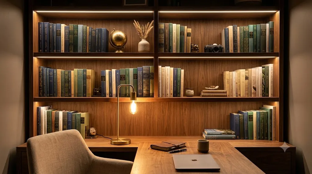 Bookshelf with warm directional lighting adding depth to a video call backdrop